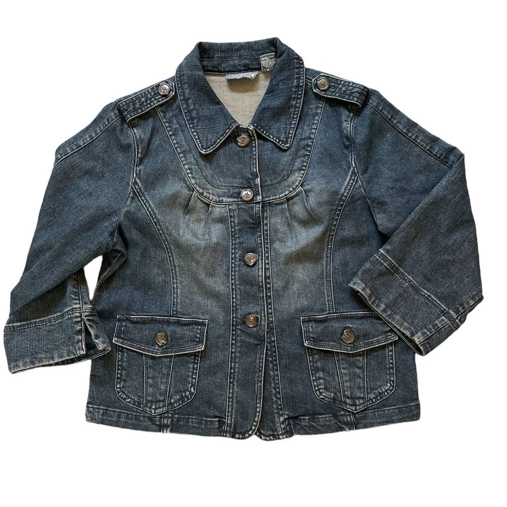 MOttO Jeans Jacket 3/4 sleeves, tailored, shoulder patches, feminine style, Sz M